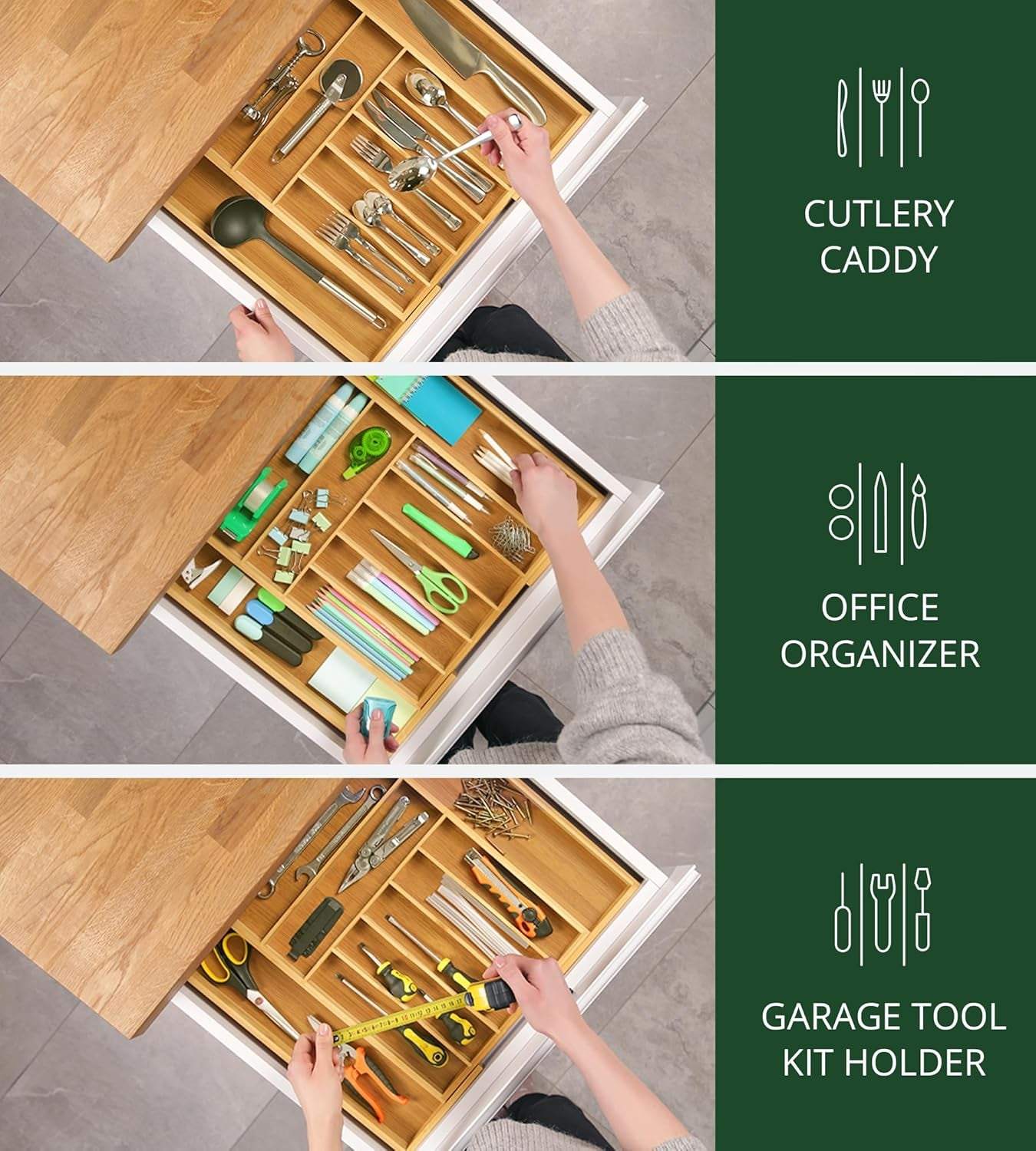 Luxury Bamboo Kitchen Drawer Organizer - Silverware Organizer, Utensil Holder & Cutlery Tray Drawer Dividers for Flatware (9 Slot, Natural)