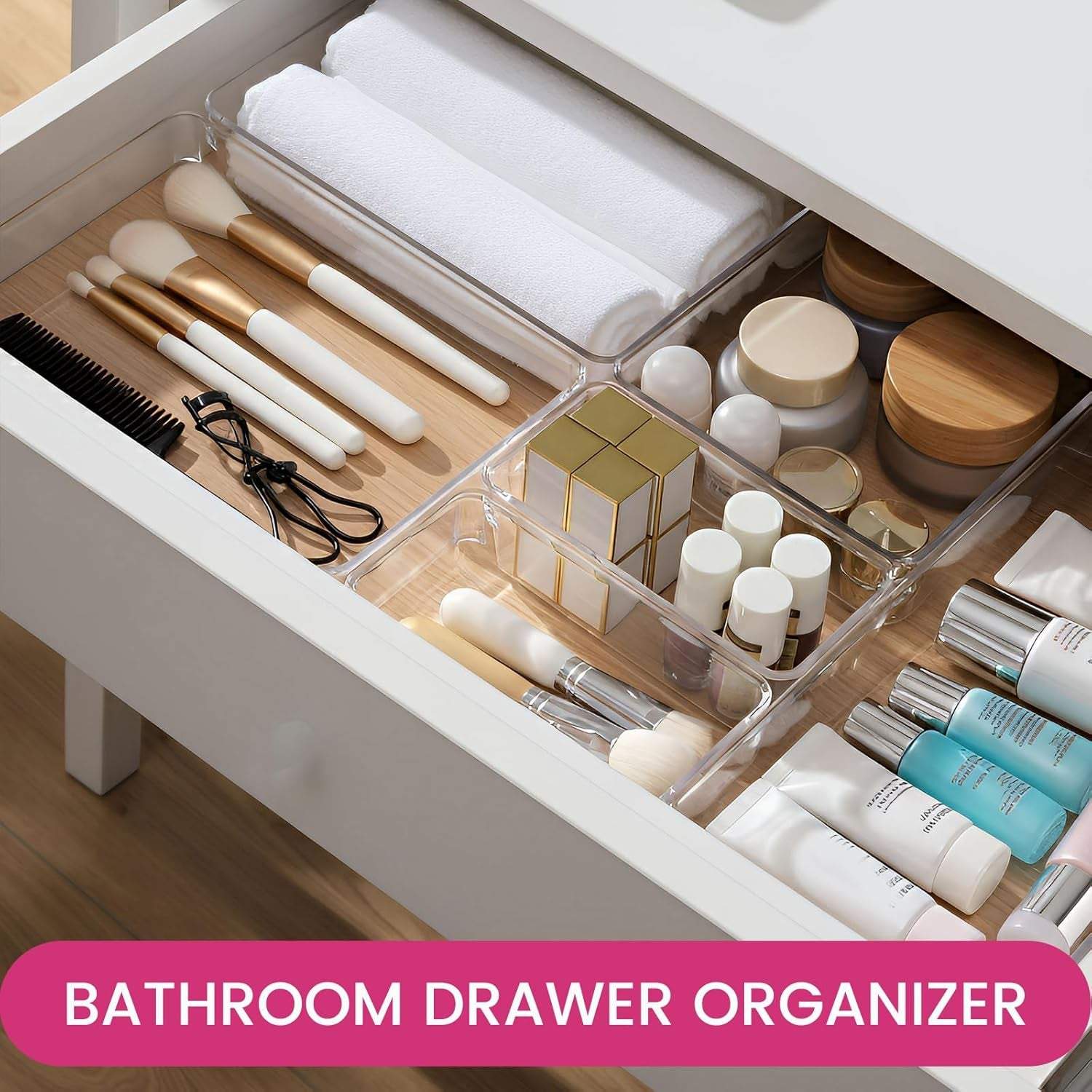 Large Drawer Organizer Bins 26 Pack | Complete 5 Size Clear Plastic Kitchen Drawer Organizers for Utensils | Bathroom Drawer Organizer Trays | Versatile for Makeup Office Organization