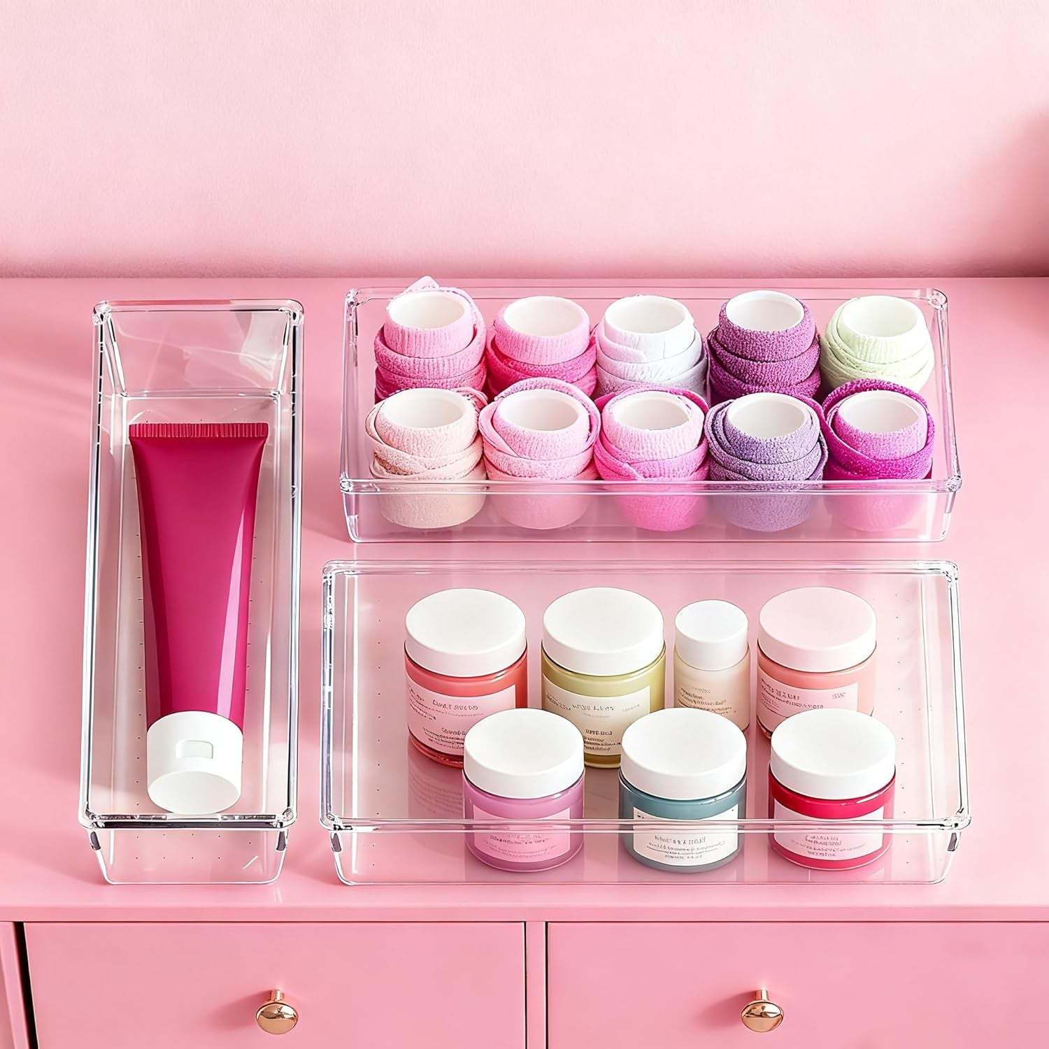 Large Drawer Organizer Bins 26 Pack | Complete 5 Size Clear Plastic Kitchen Drawer Organizers for Utensils | Bathroom Drawer Organizer Trays | Versatile for Makeup Office Organization