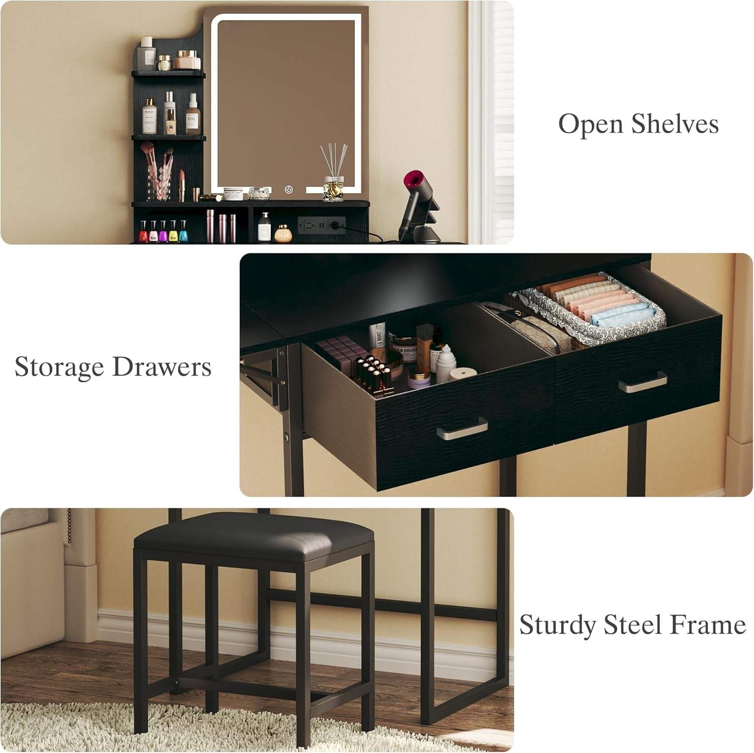 Makeup Vanity Desk with Mirror and Lights, Small Vanity with Fabric Storage Drawer & Chair & Shelves, Vanity with Fold-Up Panel and Power Outlet for Bedroom