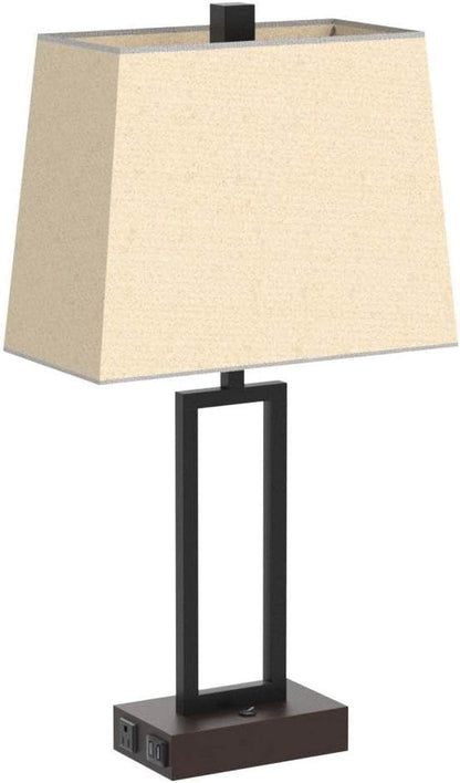 Table Lamp for Bedroom Set of 2 with 2 USB Ports and AC Power Outlet, 23.5" Modern Bedside Lamp, Wood Nightstand Lamp with Linen Shade for Living Room Hotel Desk(Led Bulb Included)