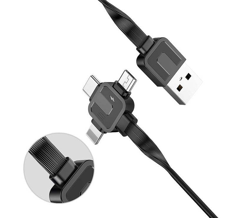 Telescopic three-in-one fast charging data cable with one meter length and triple connectors