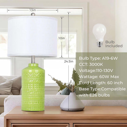 Light Green Ceramic Table Lamp 25 Inch 3-Way Dimmable Nightstand Lamp with White Linen Shade Bedside Lamp for Living Room Bedroom Office Reading (Bulb Included)