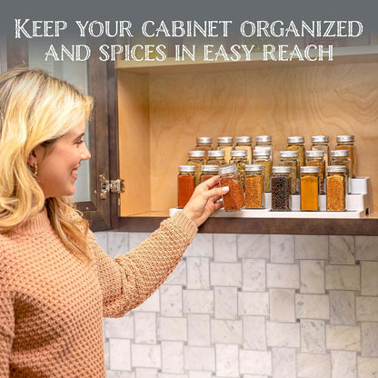3–Tier Expandable Plastic Spice Rack - Adjustable Length, Stability with Non-Skid Shelf, Three Tiers for Easy Visibility, Organizer for Kitchen Cabinet, Pantry or Countertop, White/Grey