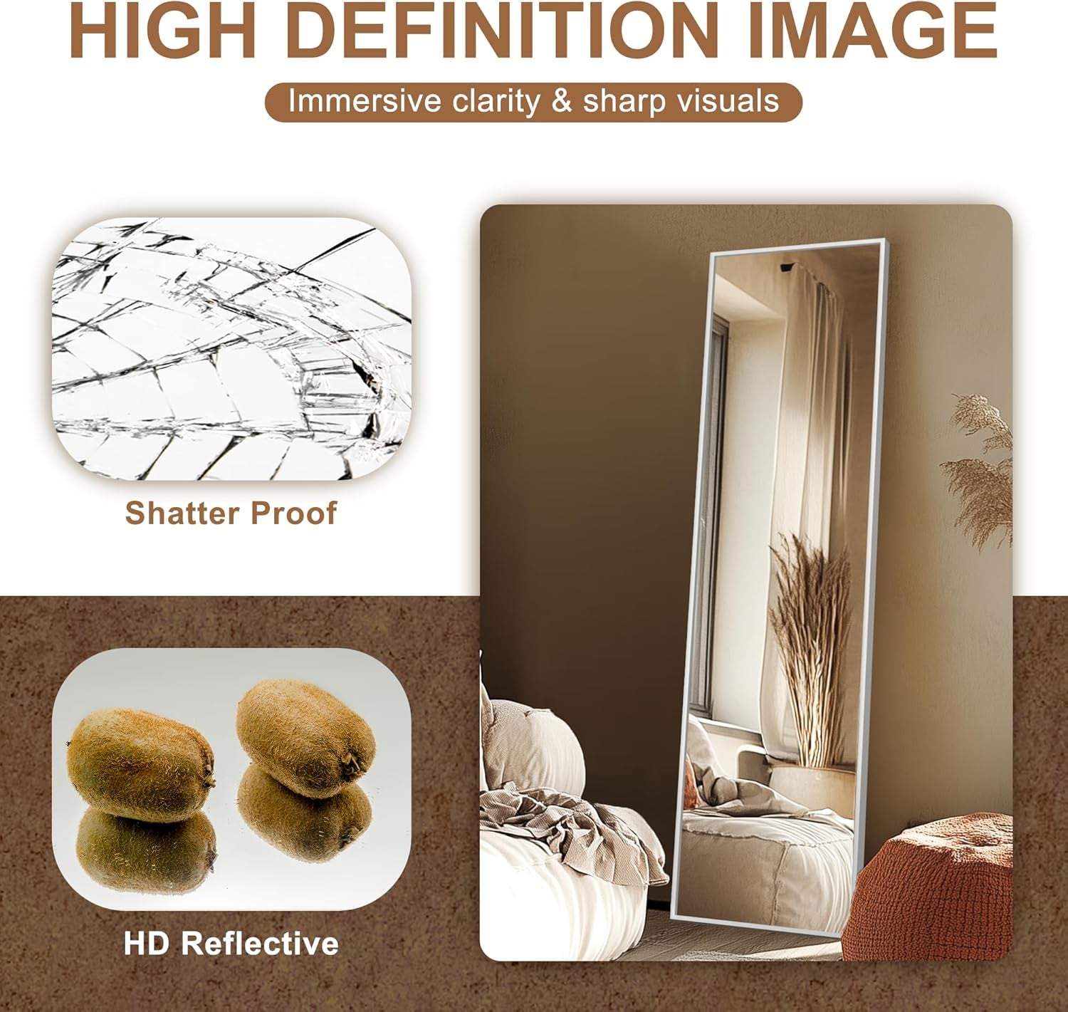 Full Length Mirror,Large Floor Mirror with Aluminum Frame for Bedroom, Bathroom, Living Room,Wall Mount or Freestanding Design, Silver, 56" L X 15" W X 1Pcs
