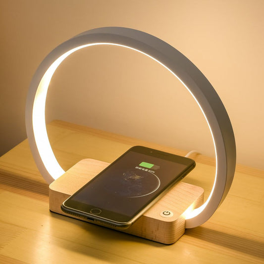 Multifunctional European style wireless charging metal shade table lamp with round shape and eye protection light for home bedside use