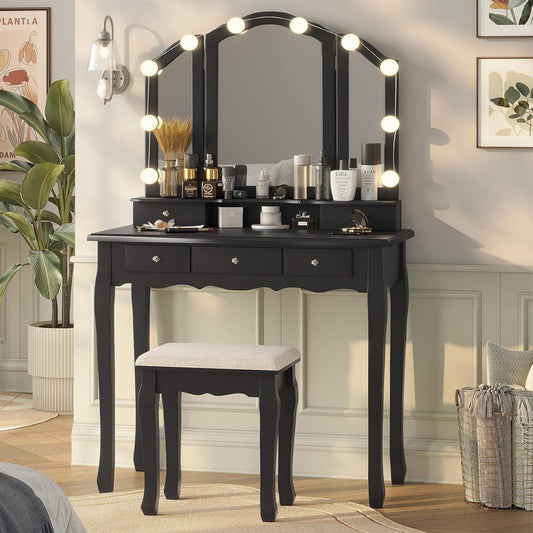 Vanity Desk, Makeup Vanity with Lighted Tri-Fold Mirror and Stool, Vanity Set with 5 Drawers, 3 Light Settings & Adjustable Brightness, Black