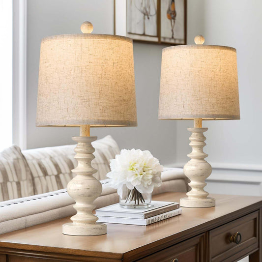 Rustic antique white resin table lamp with vintage design and 20-inch compact size for living room and bedroom decor
