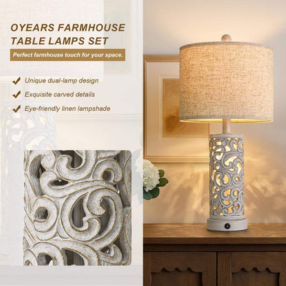 22'' Farmhouse Table Lamp for Living Room, Bedside Lamp with 2 USB Ports for Bedroom, Rustic Nightstand Lamp with Linen Lampshade for Office Hallway Home Decor, Distressed Grey (Bulb Included)