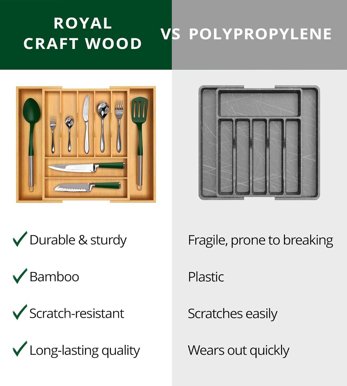 Luxury Bamboo Kitchen Drawer Organizer - Silverware Organizer, Utensil Holder & Cutlery Tray Drawer Dividers for Flatware (9 Slot, Natural)