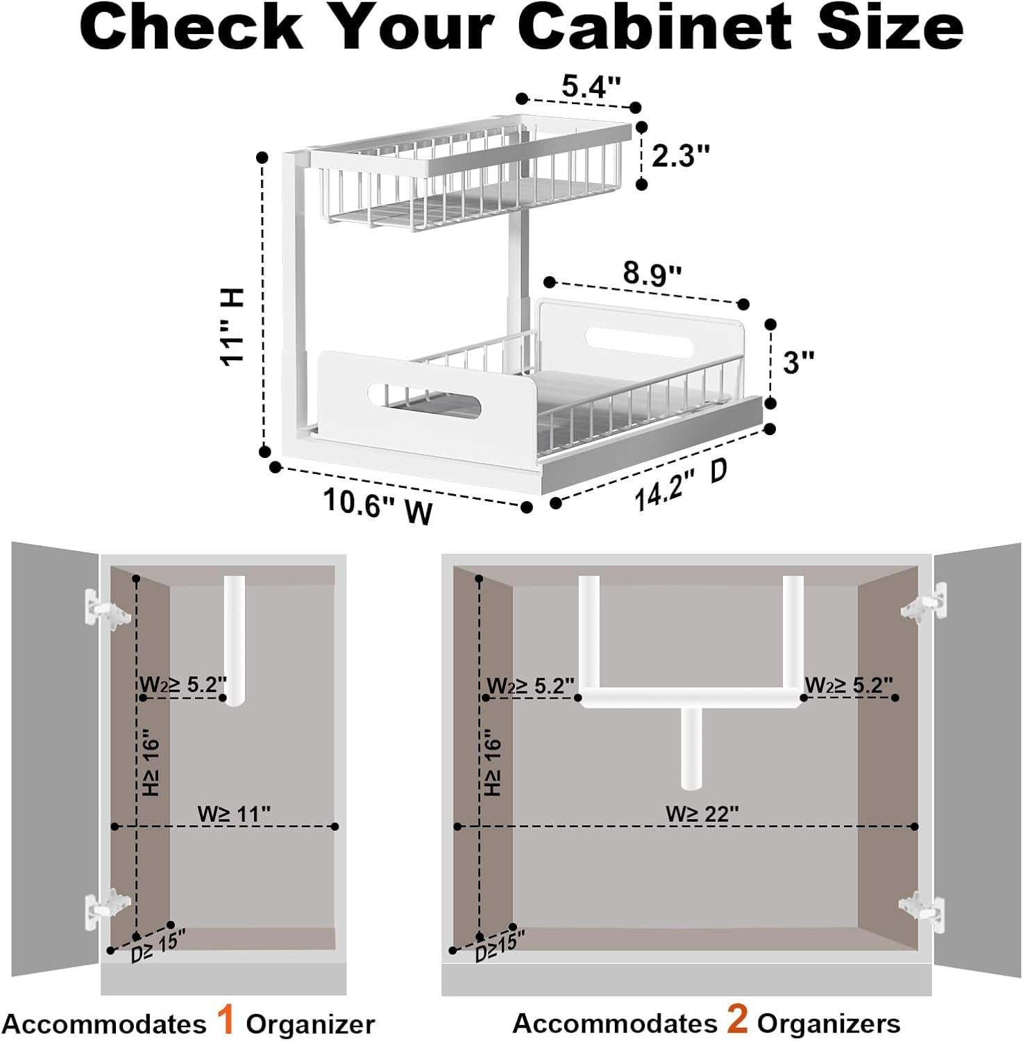 under Sink Organizer, Pull Out Cabinet Organizer 2 Tier Slide Out Sink Shelf Cabinet Storage Shelves, under Sink Storage for Kitchen Bathroom Cabinet, White, 1 Pack