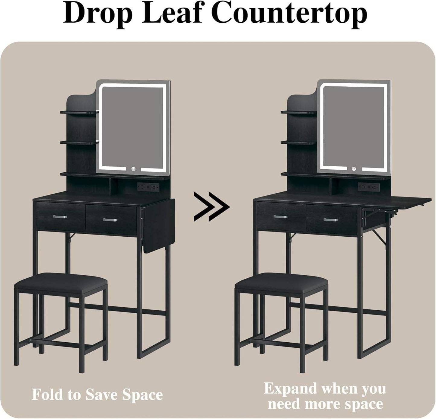 Makeup Vanity Desk with Mirror and Lights, Small Vanity with Fabric Storage Drawer & Chair & Shelves, Vanity with Fold-Up Panel and Power Outlet for Bedroom