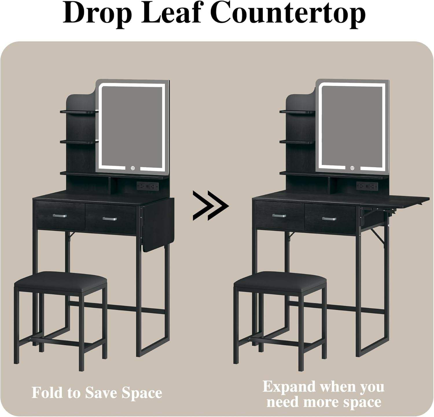 Makeup Vanity Desk with Mirror and Lights, Small Vanity with Fabric Storage Drawer & Chair & Shelves, Vanity with Fold-Up Panel and Power Outlet for Bedroom