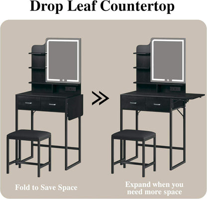 Makeup Vanity Desk with Mirror and Lights, Small Vanity with Fabric Storage Drawer & Chair & Shelves, Vanity with Fold-Up Panel and Power Outlet for Bedroom