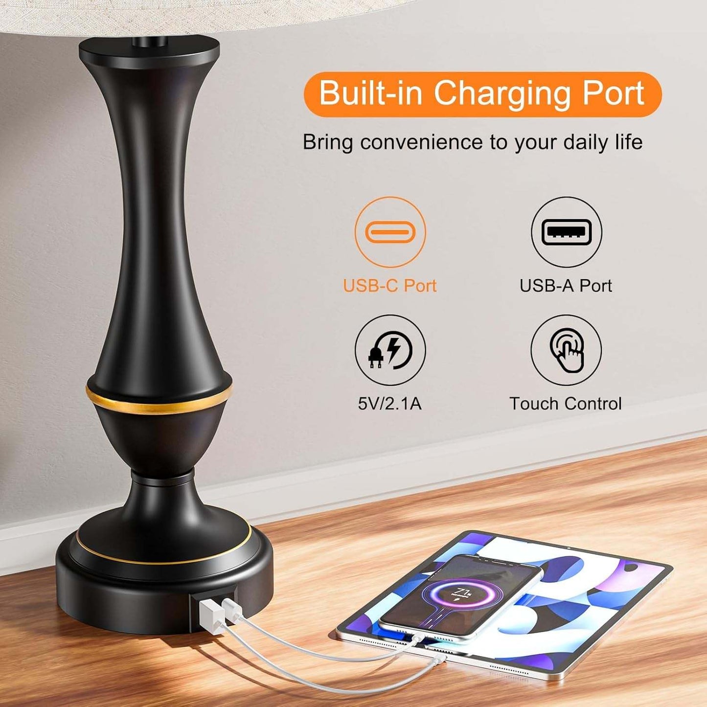 Upgraded Touch Lamps for Night Stands Set of 2 - Bedside Lamps with USB C+A, 3 Way Dimmable for Bedroom Living Room End Tables Office | Touch Control, Dimmable, USB C+A Charging Ports, LED Bulb Included, Corded, Bedside Lamp, Bedroom Lamp, Living Room Office