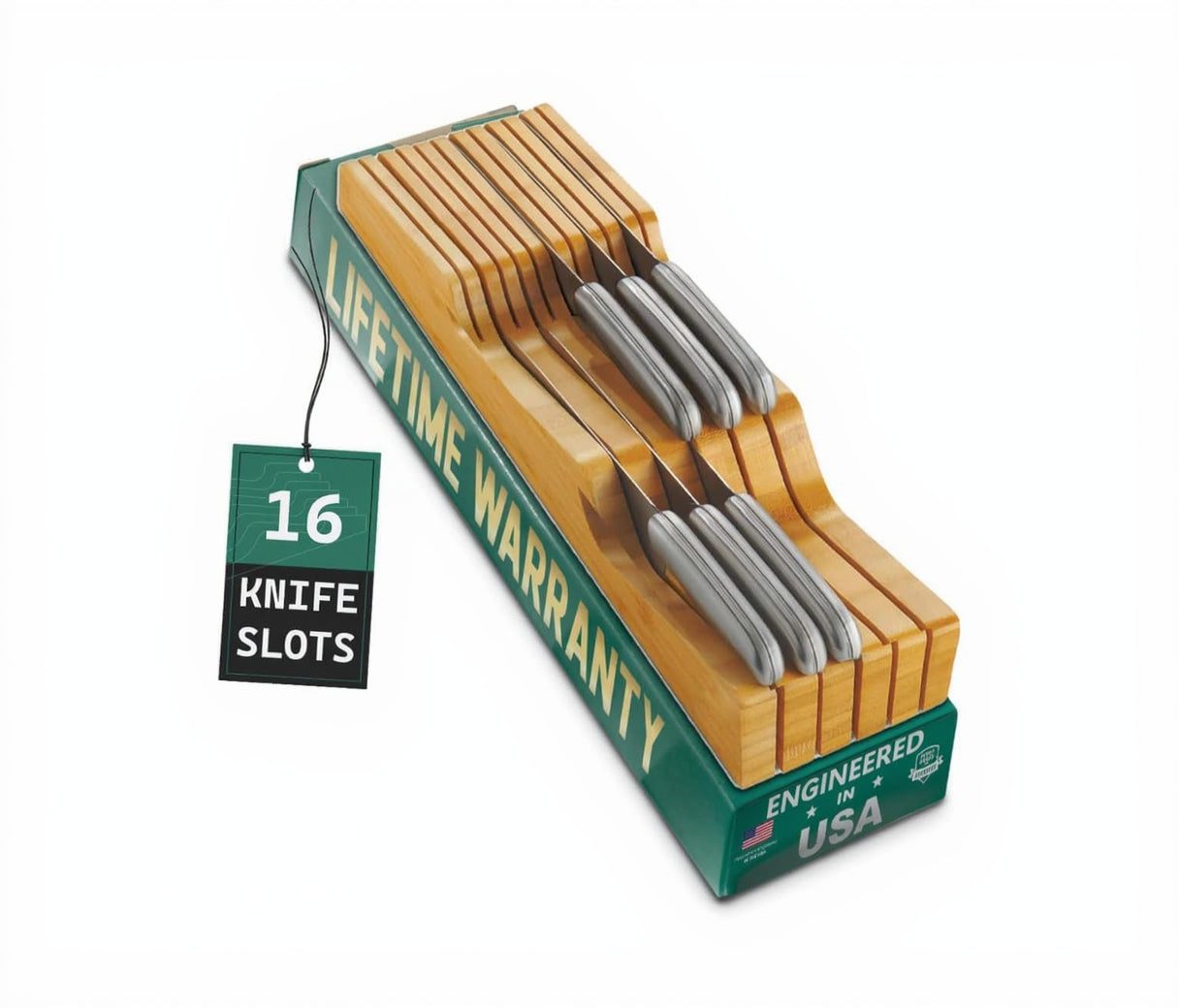 100% pure bamboo in-drawer knife block organizer holding 16 knives in kitchen drawer