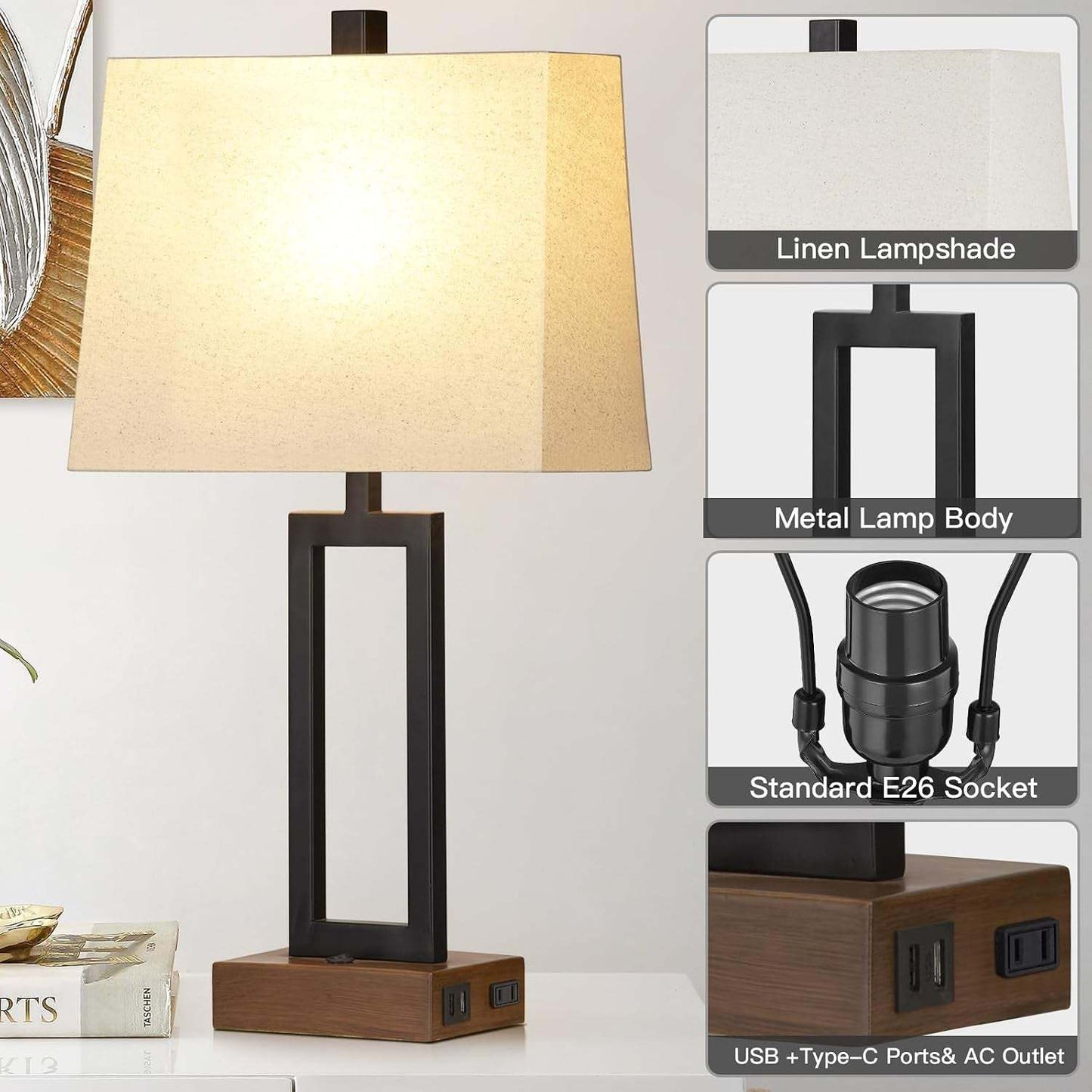 Table Lamp for Bedroom Set of 2 with 2 USB Ports and AC Power Outlet, 23.5" Modern Bedside Lamp, Wood Nightstand Lamp with Linen Shade for Living Room Hotel Desk(Led Bulb Included)