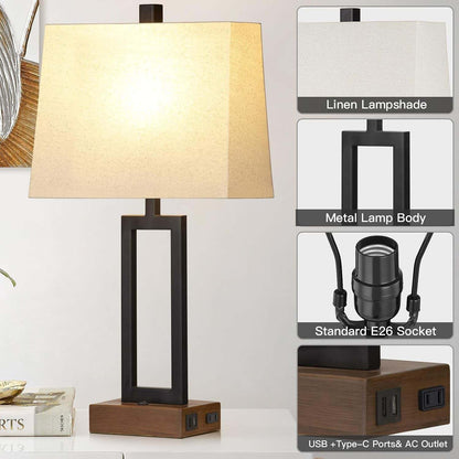 Table Lamp for Bedroom Set of 2 with 2 USB Ports and AC Power Outlet, 23.5" Modern Bedside Lamp, Wood Nightstand Lamp with Linen Shade for Living Room Hotel Desk(Led Bulb Included)