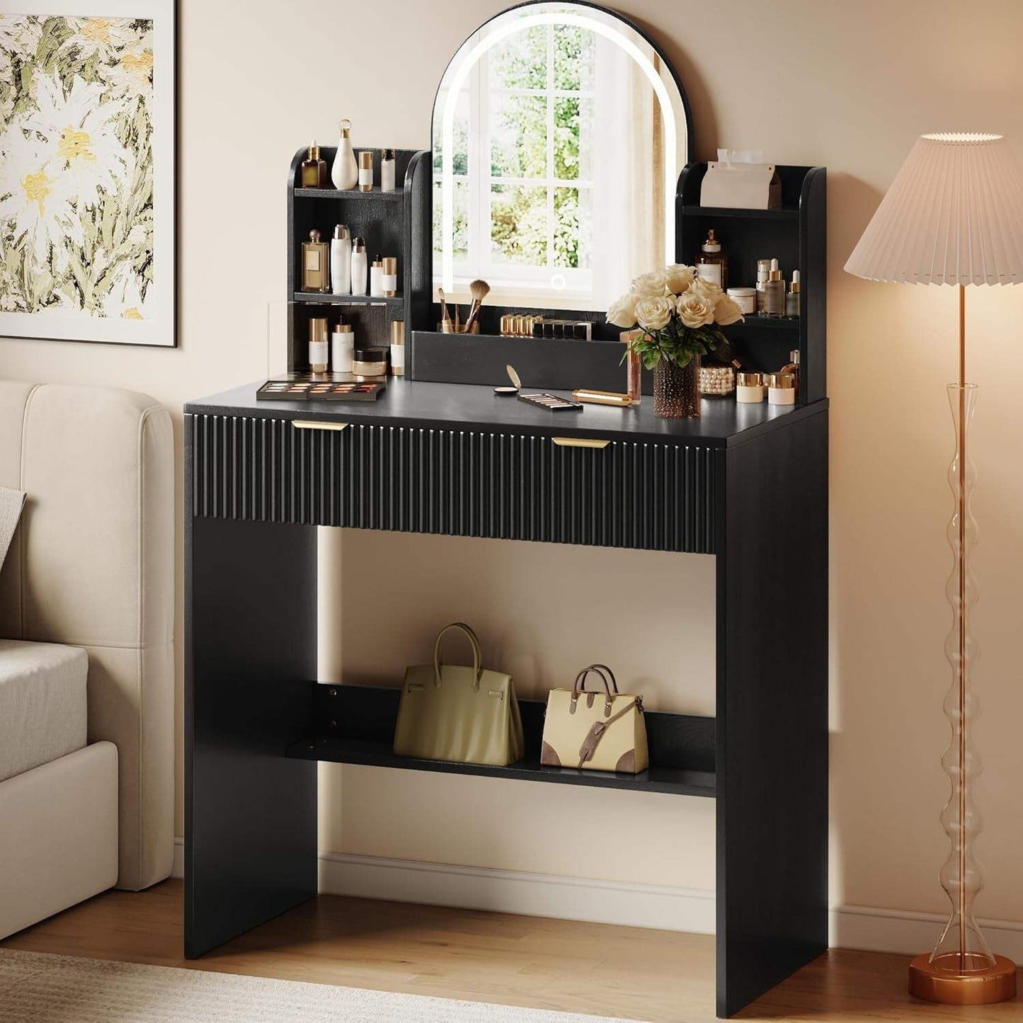 Makeup Vanity Desk with Mirror and Lights, Black Vanity Table with 2 Drawers & Open Storage Shelves, Fluted Vanity Bedroom Makeup Dressing Table Set for Women Girls