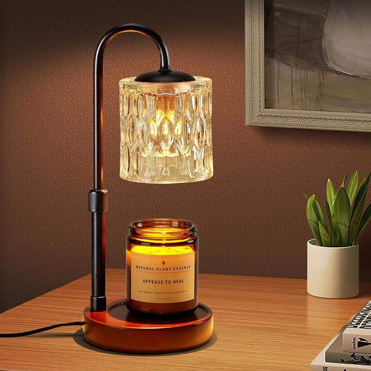 Dimmable candle warmer lamp with timer and height adjustable glass shade on walnut solid wood base