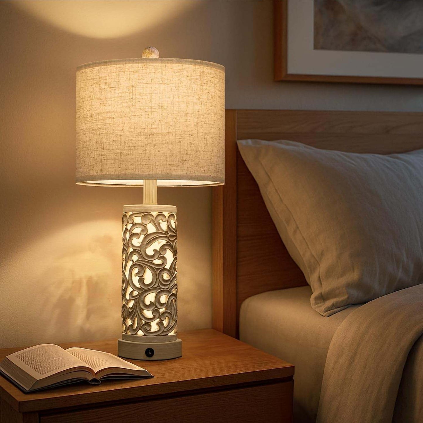 22'' Farmhouse Table Lamp for Living Room, Bedside Lamp with 2 USB Ports for Bedroom, Rustic Nightstand Lamp with Linen Lampshade for Office Hallway Home Decor, Distressed Grey (Bulb Included)