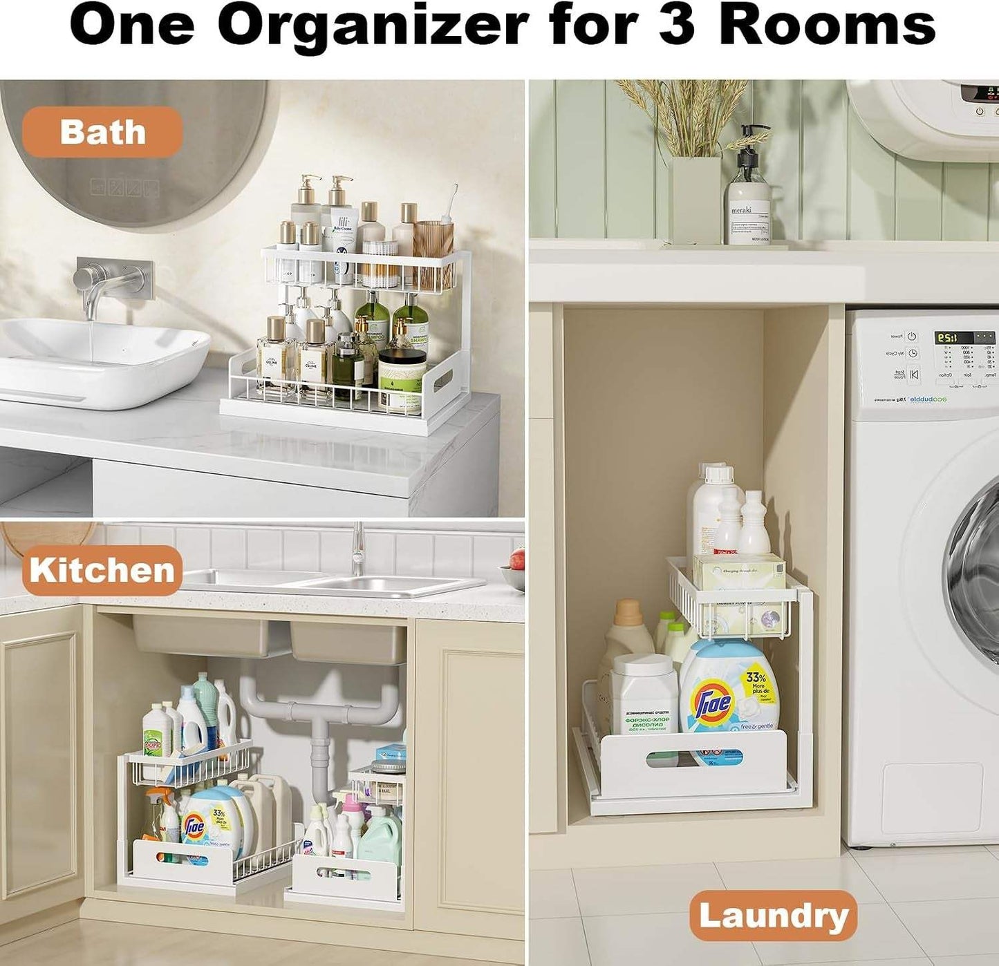 under Sink Organizer, Pull Out Cabinet Organizer, 2 Tier Metal Slide Out Shelf with L Shaped Design for Kitchen, Bathroom, Laundry, and Utility Cabinet Storage for Deep Cabinets, White, 2 Pack