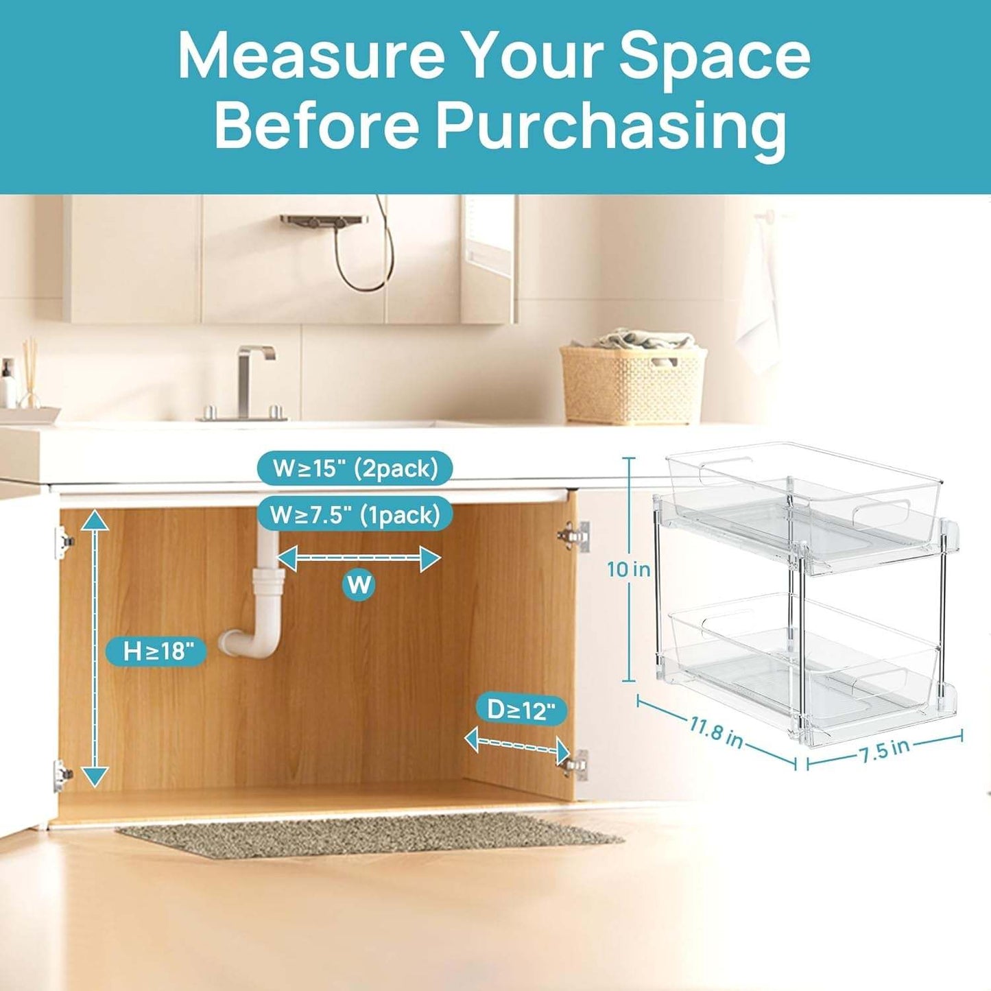 4 Pack Bathroom under Sink Organizers Organizer, 2 Tier Clear Pull-Out Organization (S-Standard)