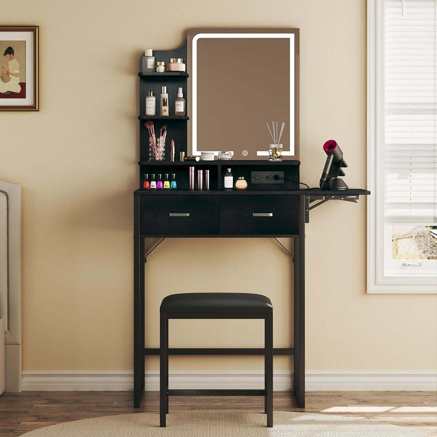 Makeup Vanity Desk with Mirror and Lights, Small Vanity with Fabric Storage Drawer & Chair & Shelves, Vanity with Fold-Up Panel and Power Outlet for Bedroom