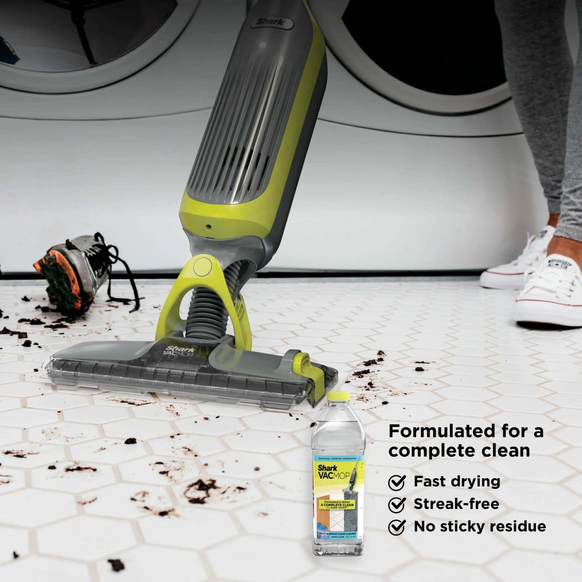VACMOP Cordless Hard Floor Vacuum Mop, for Tile, Vinyl, Laminate, Wood, with (4) Disposable VACMOP Pads, 12-Oz  Multi-Surface Cleaner, VM200