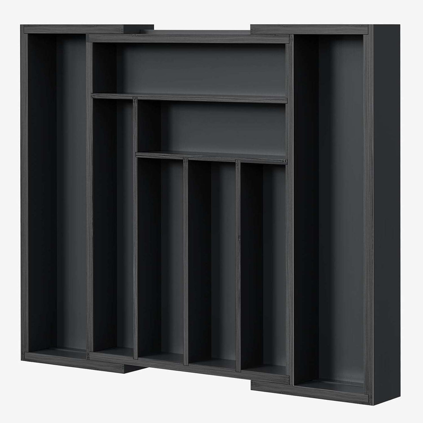 Black bamboo expandable drawer organizer with multiple compartments for utensils and small items
