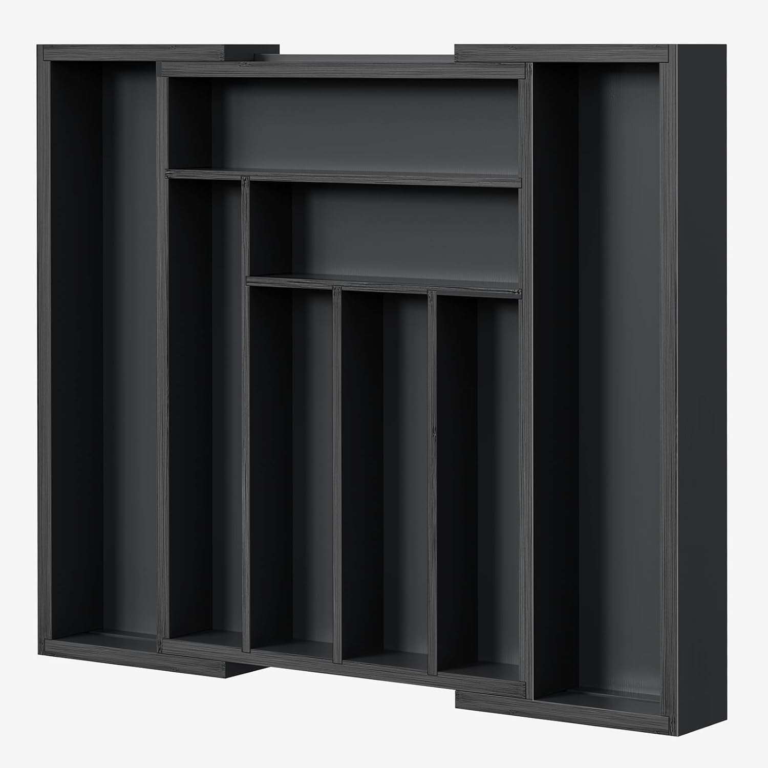 Black bamboo expandable drawer organizer with multiple compartments for utensils and small items