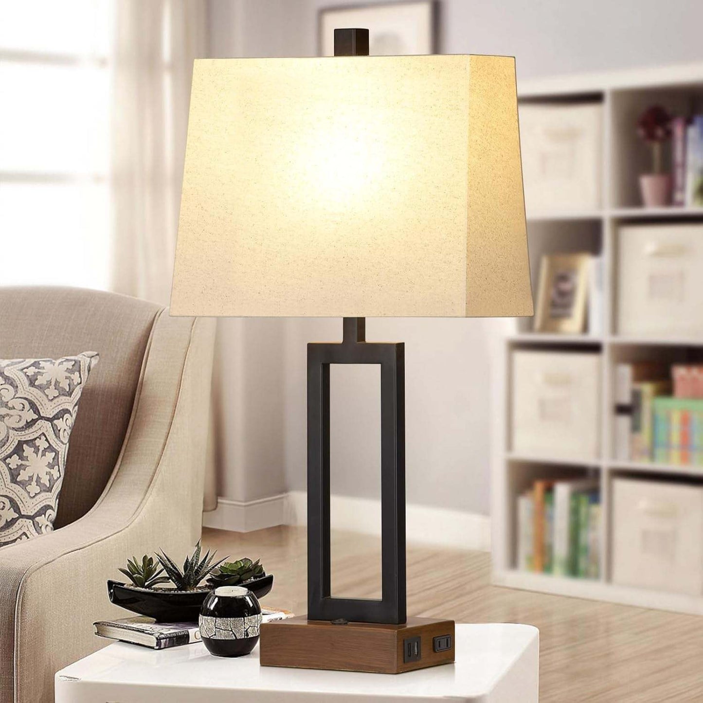 Table Lamp for Bedroom Set of 2 with 2 USB Ports and AC Power Outlet, 23.5" Modern Bedside Lamp, Wood Nightstand Lamp with Linen Shade for Living Room Hotel Desk(Led Bulb Included)