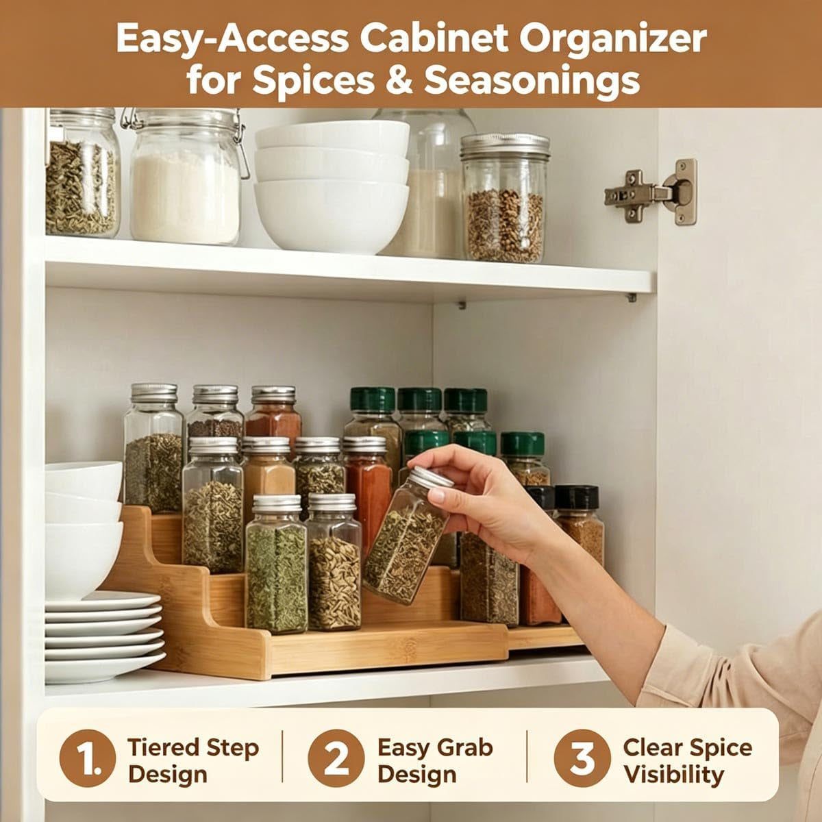 Spice Rack Organizer for Cabinet, Spice Organization for Cabinet, Spice Rack for Countertop,15.7 Inch Adjustable Seasoning Organizer Spice Organizer (1 Pack, Medium)