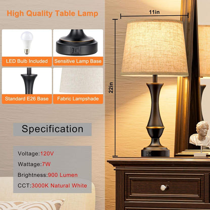 Upgraded Touch Lamps for Night Stands Set of 2 - Bedside Lamps with USB C+A, 3 Way Dimmable for Bedroom Living Room End Tables Office | Touch Control, Dimmable, USB C+A Charging Ports, LED Bulb Included, Corded, Bedside Lamp, Bedroom Lamp, Living Room Office