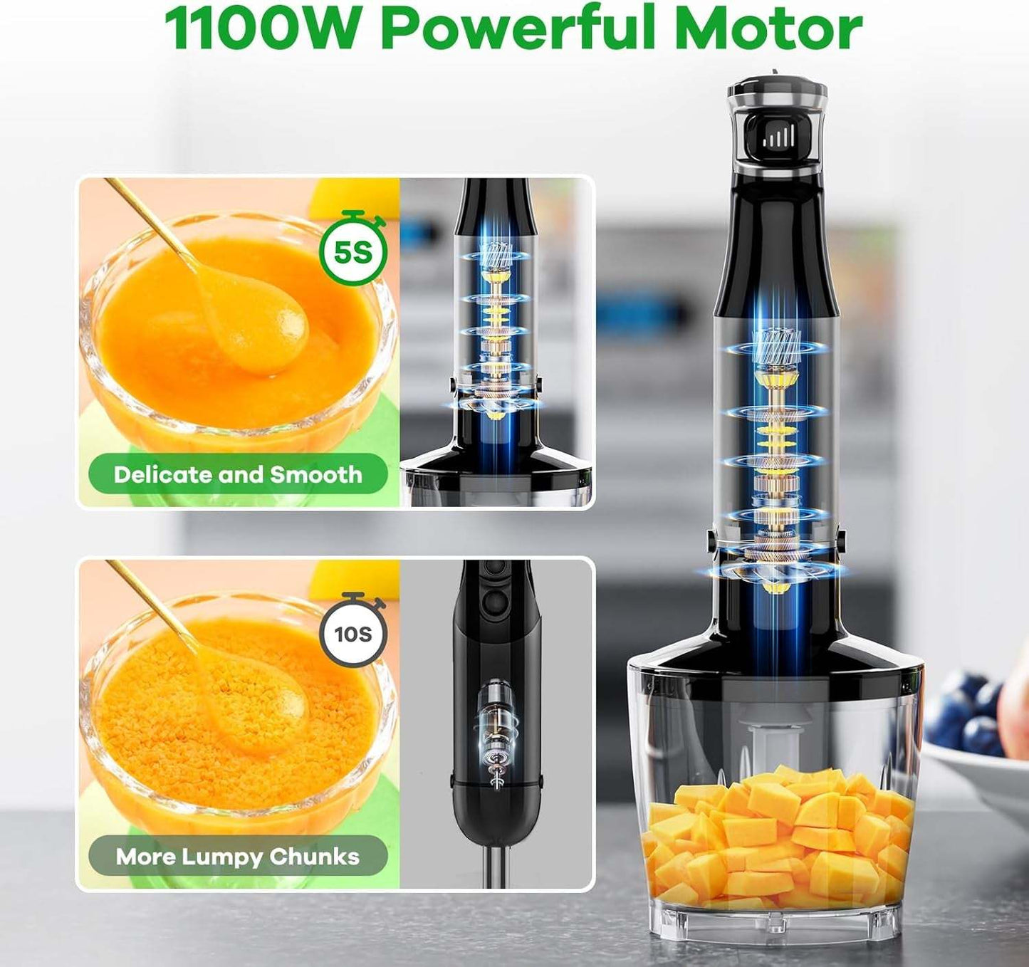 Immersion Blender Handheld Corded Hand Blenders Set 1100W, Trigger Variable Speed 5 in 1 Stick Emulsifier with Chopper, Whisk and Frother for Soup, Baby Food and Smoothies,Black