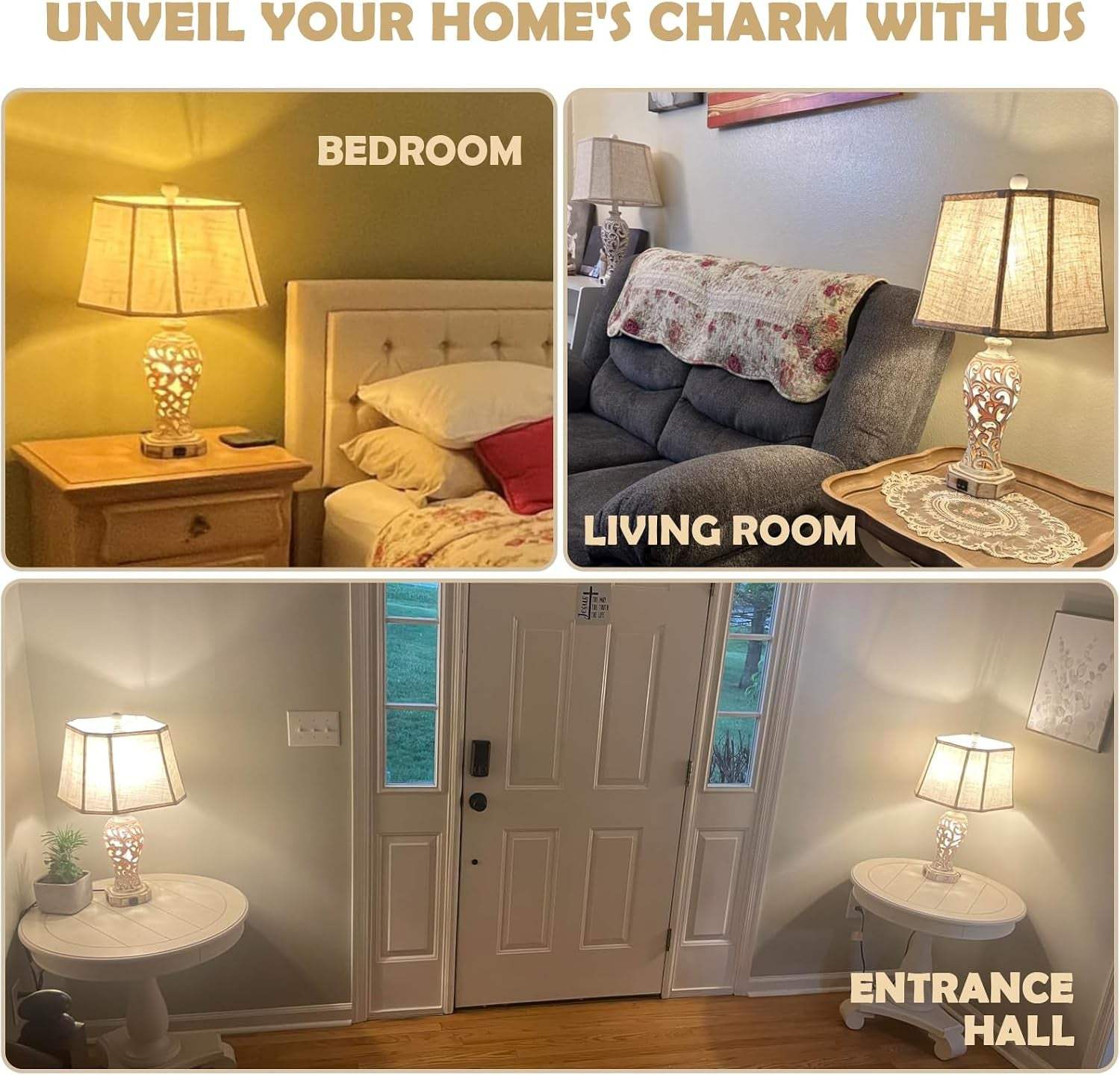 25'' Farmhouse Table Lamp for Living Room Bedroom with USB C+A | Vintage Rustic Nightstand Desk Lamp with Nightlight, White Hollow Out Resin Lamp for End Table (Bulb Included)