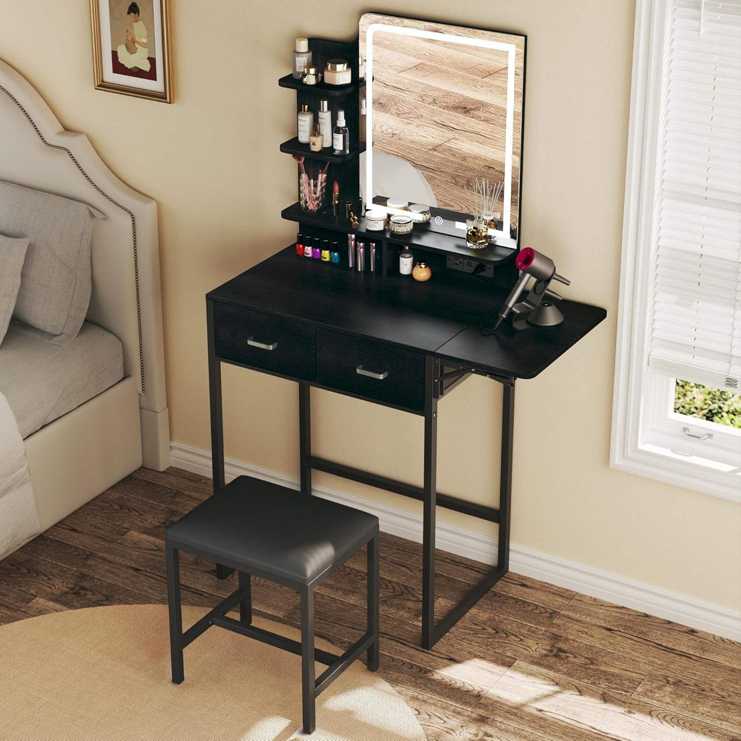 Makeup Vanity Desk with Mirror and Lights, Small Vanity with Fabric Storage Drawer & Chair & Shelves, Vanity with Fold-Up Panel and Power Outlet for Bedroom