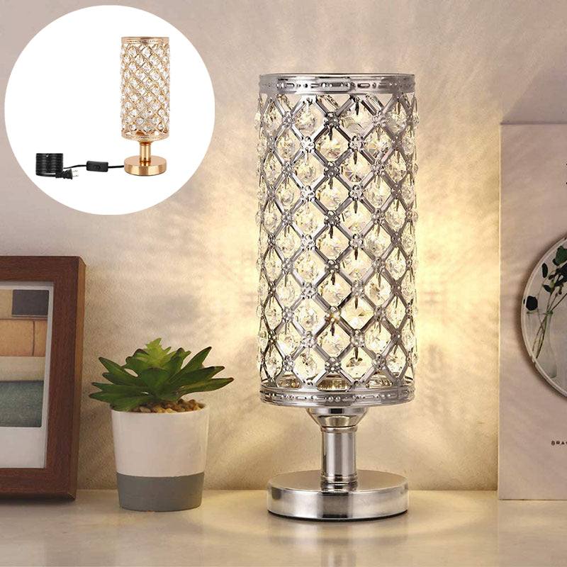 Modern crystal table lamp with metal base and hollow-carved design for bedroom and living room decoration