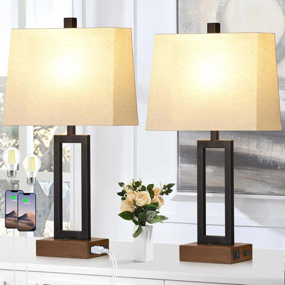 Set of 2 wood nightstand table lamps with linen shades, USB charging ports, and LED bulbs included