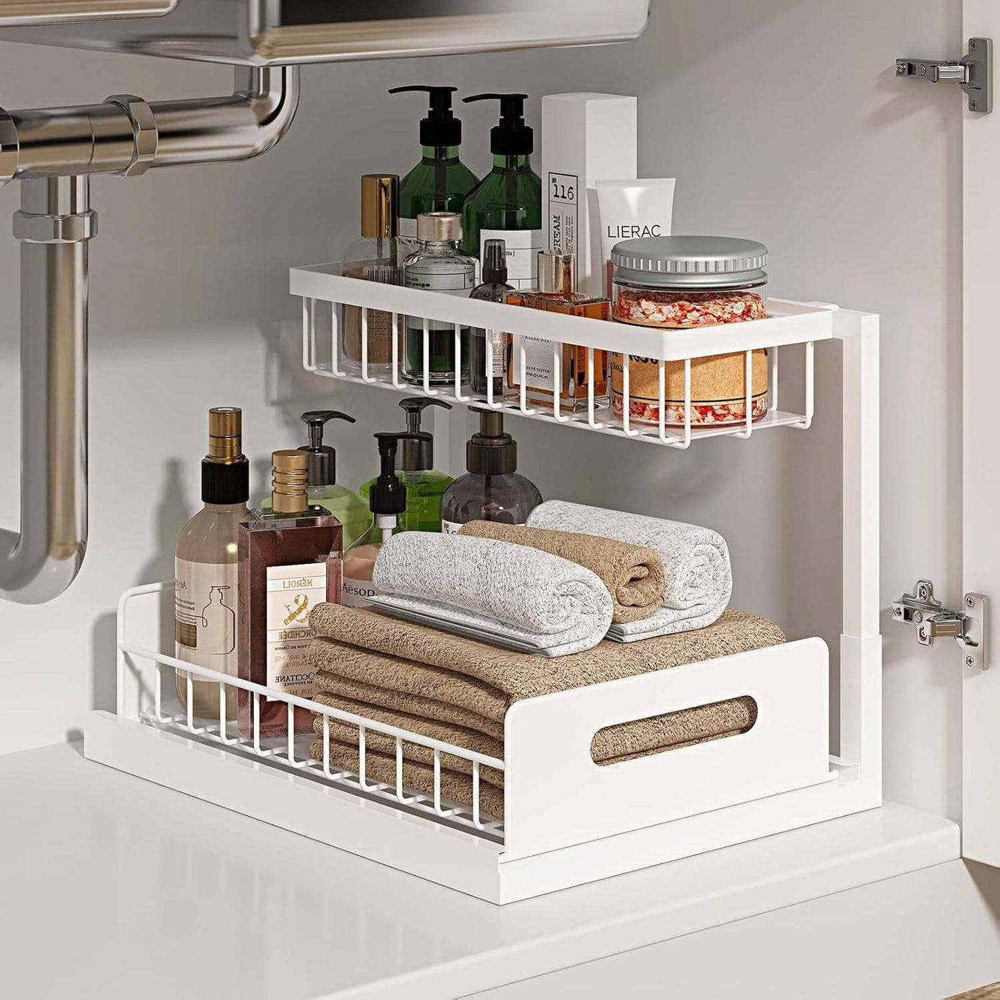 White 2-tier under sink organizer with pull-out sliding shelves for kitchen or bathroom cabinet storage