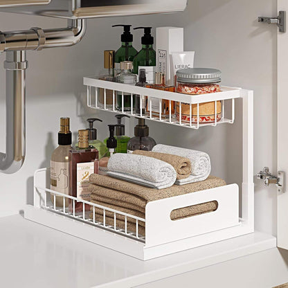 White 2-tier under sink organizer with pull-out sliding shelves for kitchen or bathroom cabinet storage