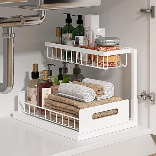 White 2-tier under sink organizer with pull-out sliding shelves for kitchen or bathroom cabinet storage