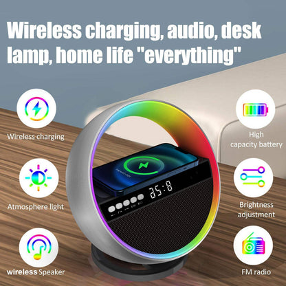 Multifunction RGB night light with wireless charger and Bluetooth speaker in white for home decor