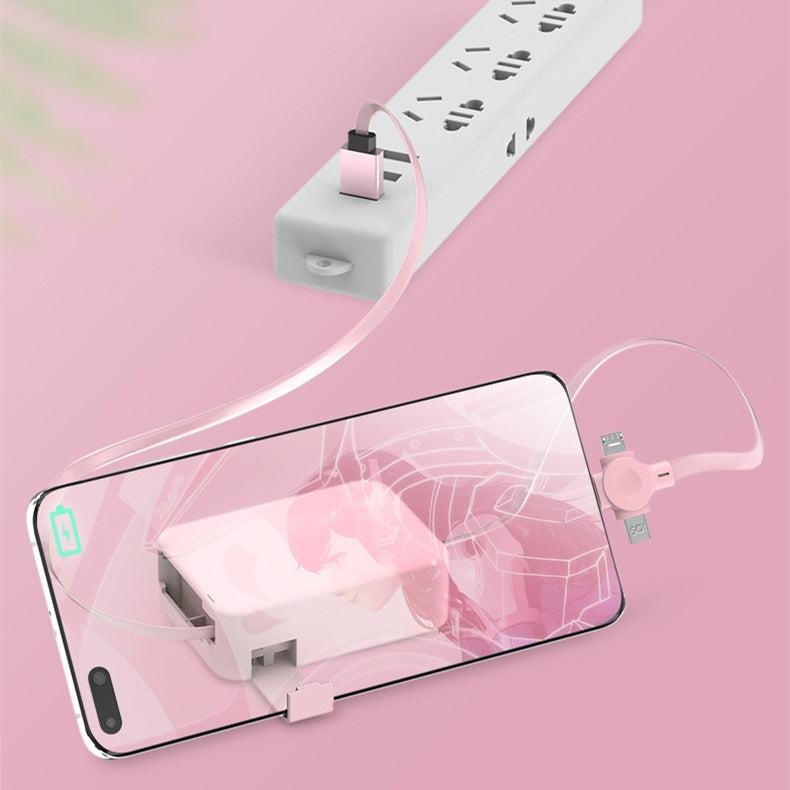 Retractable USB cable with 4-in-1 connectors and phone stand in macaron colors