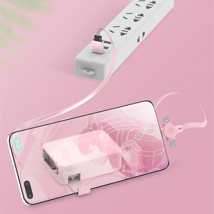 Retractable USB cable with 4-in-1 connectors and phone stand in macaron colors
