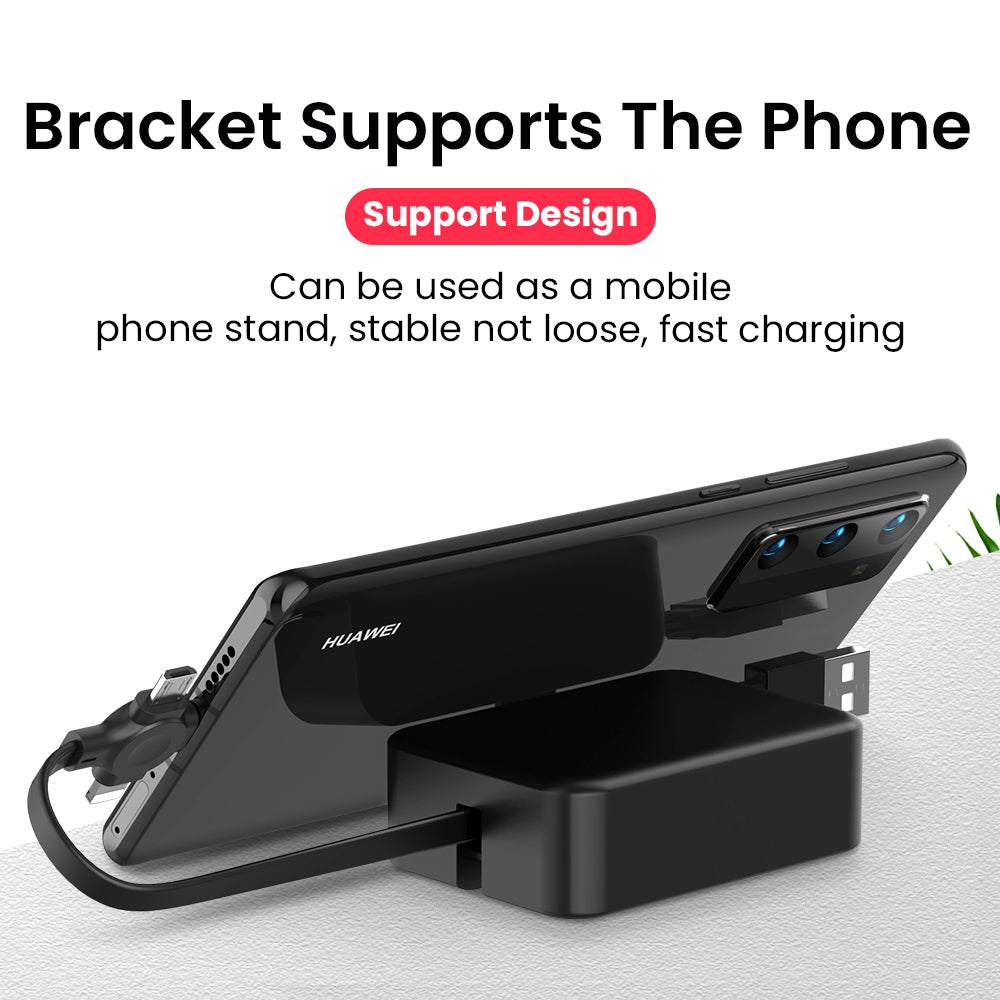 Retractable 4-in-1 USB charging cable with Type-C, Micro USB, and Lightning connectors in colorful macaron design with phone stand and storage box