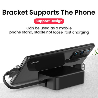 Retractable 4-in-1 USB charging cable with Type-C, Micro USB, and Lightning connectors in colorful macaron design with phone stand and storage box