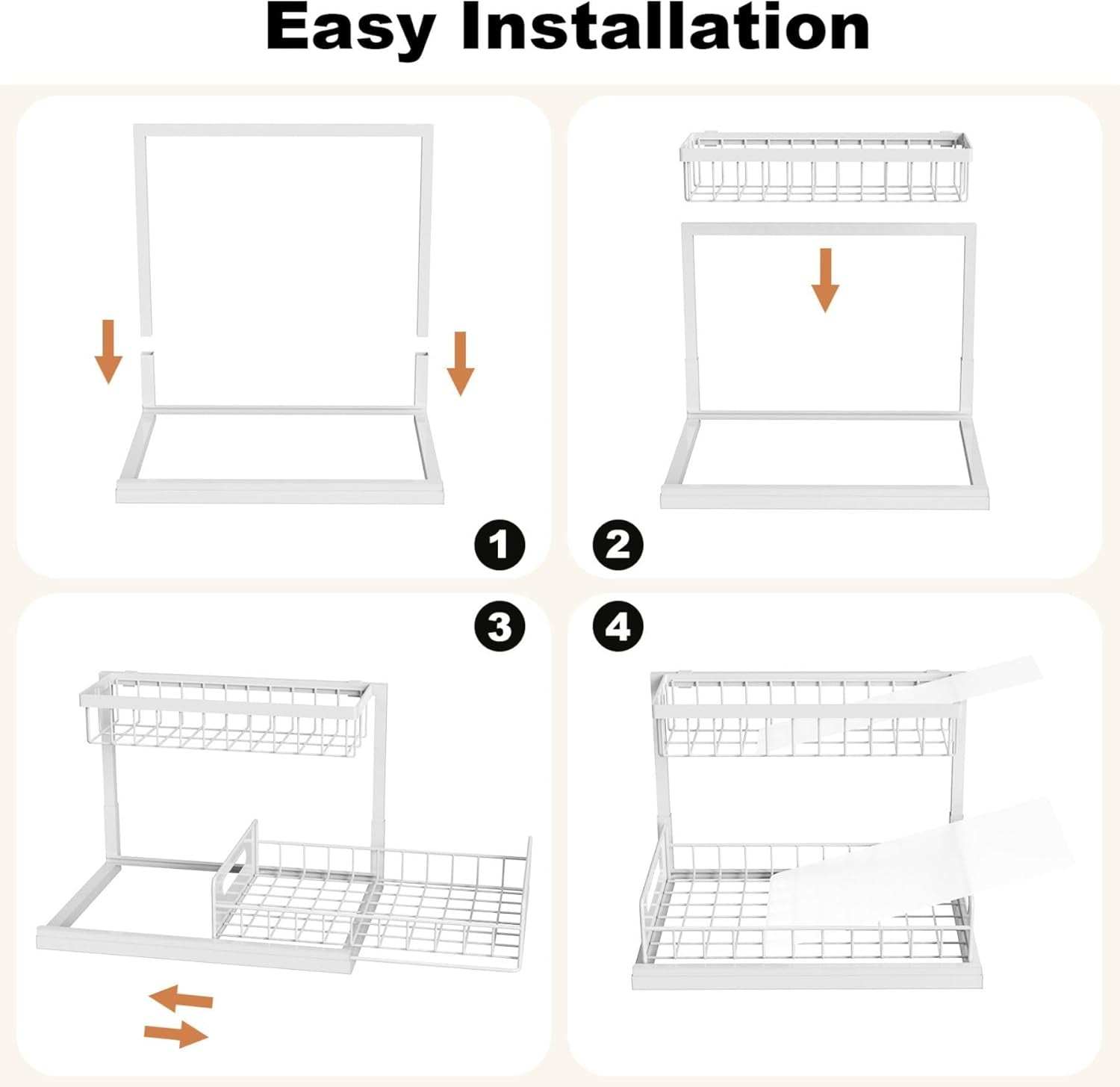 under Sink Organizer, Pull Out Cabinet Organizer, 2 Tier Metal Slide Out Shelf with L Shaped Design for Kitchen, Bathroom, Laundry, and Utility Cabinet Storage for Deep Cabinets, White, 2 Pack