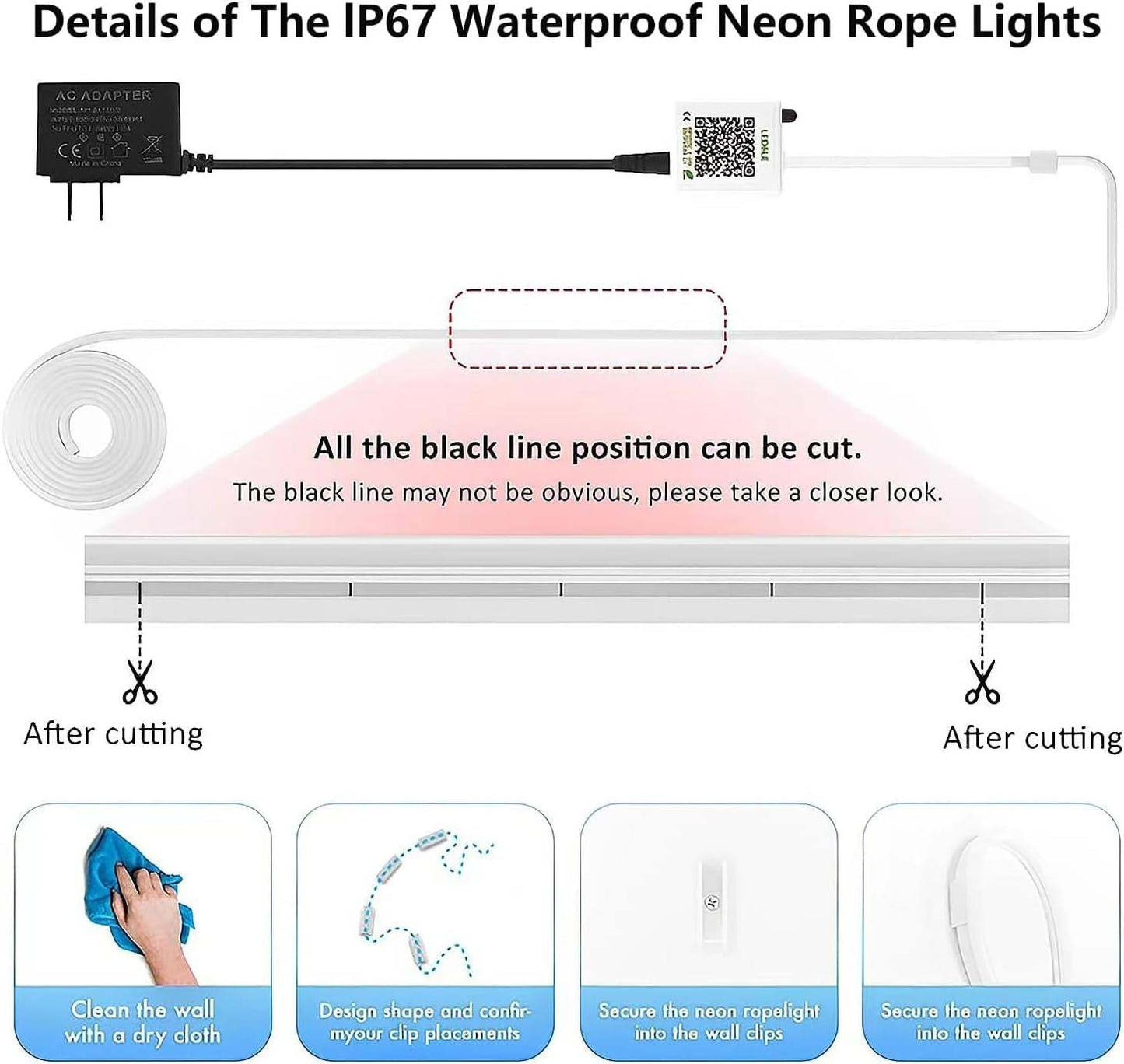 Neon Rope Lights, 50FT RGB LED Strip Lights, Waterproof IP67 LED Lights for Bedroom, DIY Design, Music Sync, 44 Key Remote Control, Multiple Modes for Bedroom, Holiday Decoration
