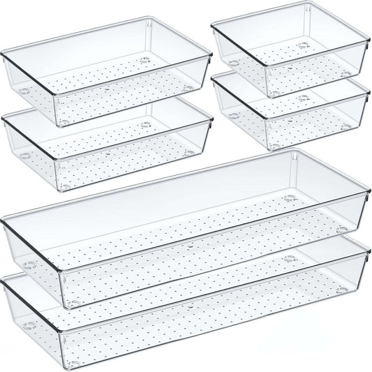 Large size clear drawer organizer set with 6 acrylic non-slip trays for kitchen storage